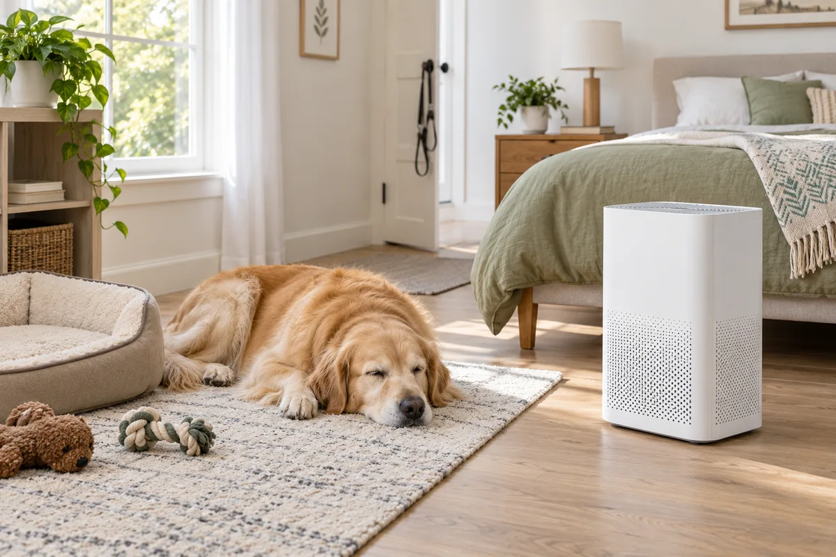 A dog resting on a bedroom rug beside an air purifier