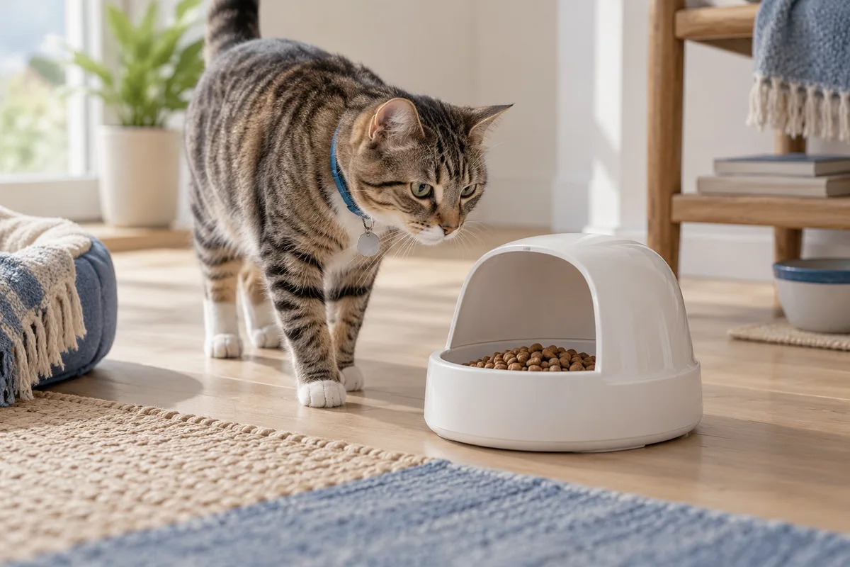 A tabby cat approaching a covered feeding bowl on a kitchen mat