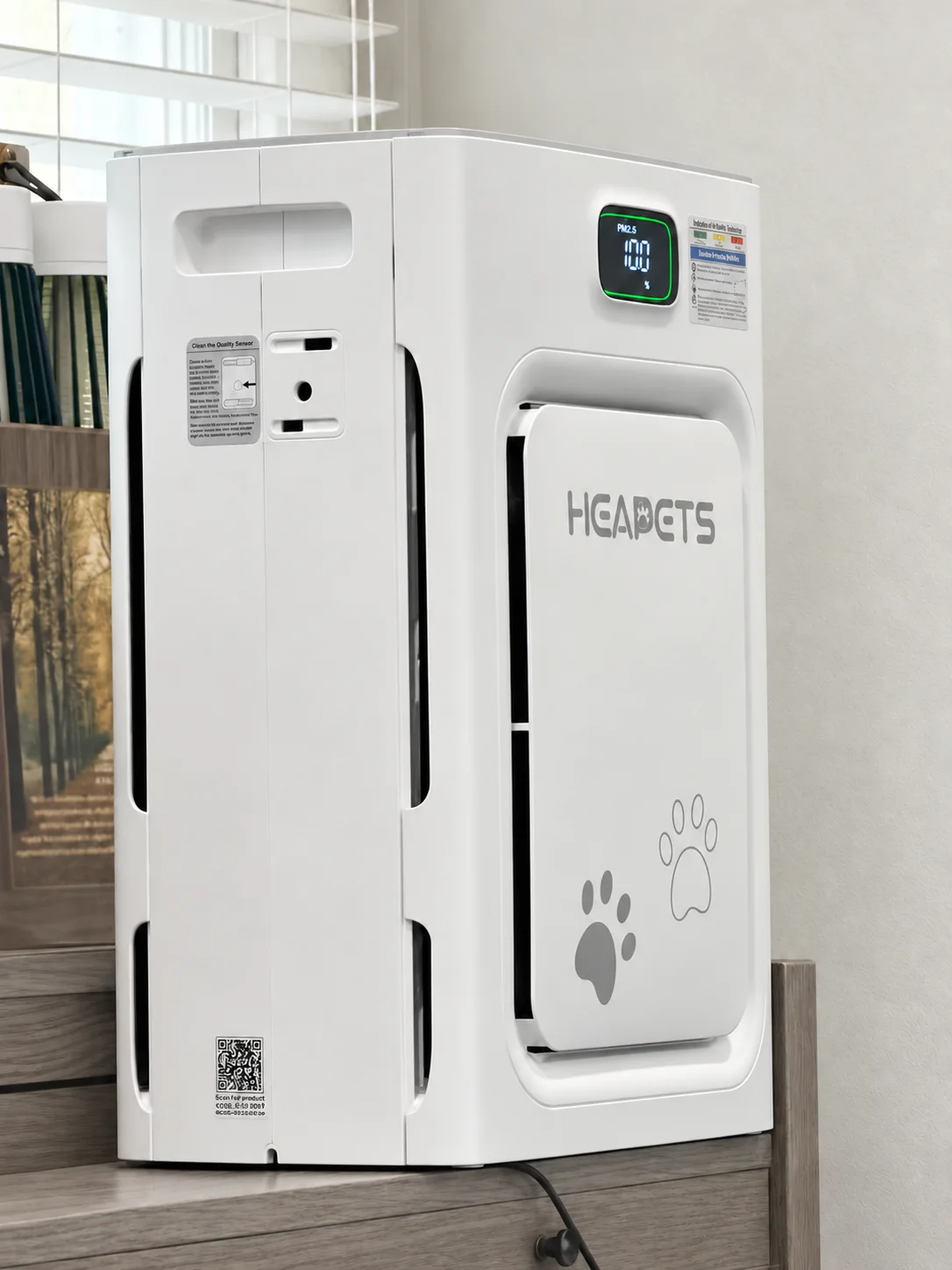 White P358 purifier showing side inlet, control display and front cover
